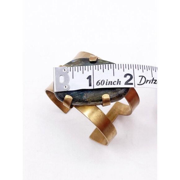 Handcrafted Labradorite Brass Cuff Bracelet Artisan Boho Statement Adjustable - Picture 10 of 11